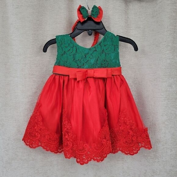 GIRLS 3mo Red and Green Formal Christmas Dress Matching Headband - Picture 1 of 12